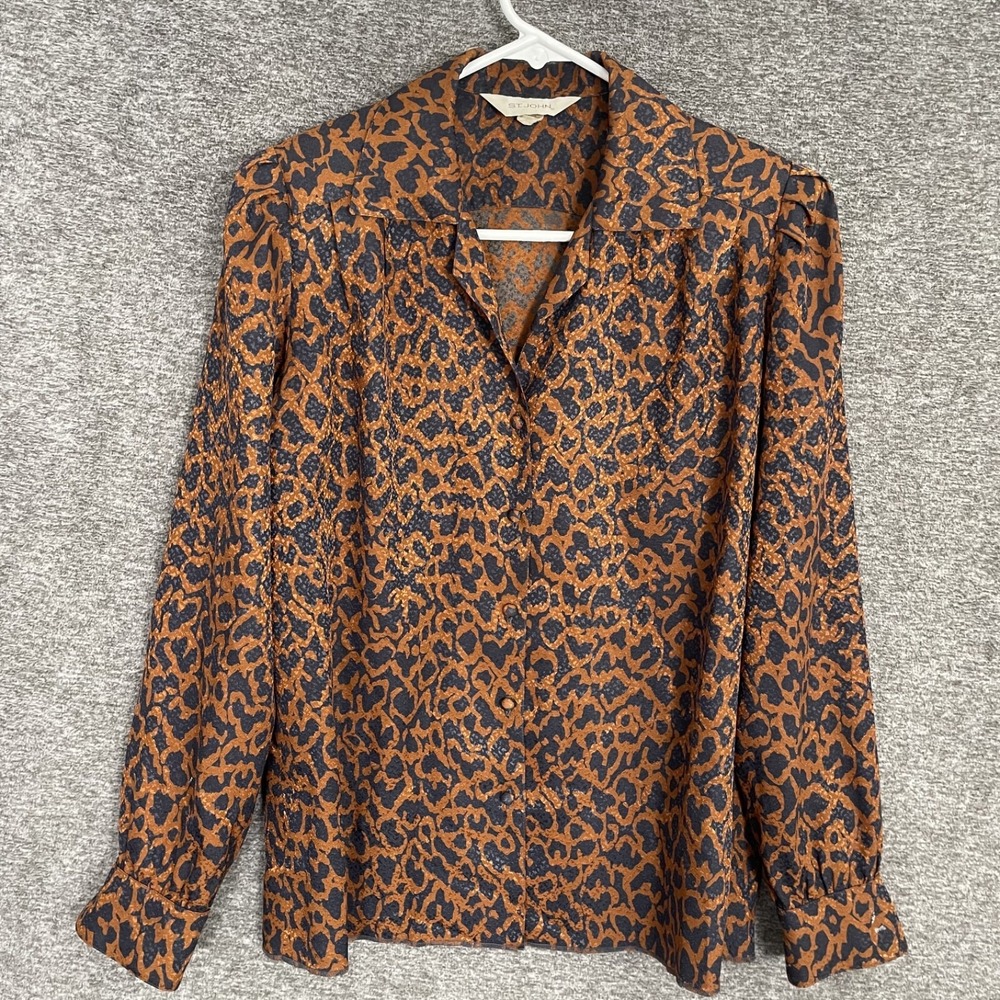 St John Button Up Blouse Womens Size 4 Orange Animal AOP Long Sleeve Lightweight